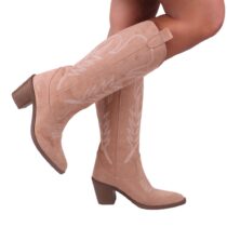 Beige Embroidered Low Heel Boot for Ladies TU-06