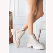 Beige Lace up Ankle Boots for Women Low Heel AL-226