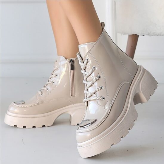 Beige Lace up Ankle Boots for Women Low Heel AL-226