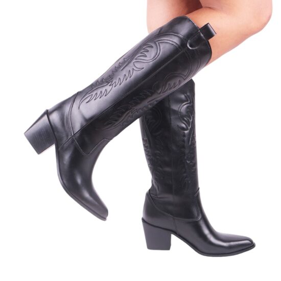 Black Embroidered Boots Knee Length TU-026