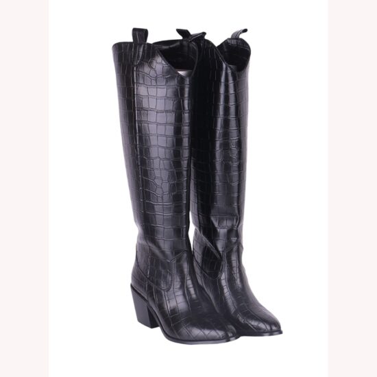 Black Knee High Crocodile Boots TU-022