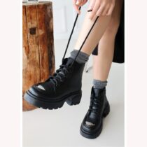 Black Lace up Ankle Boots for Women Low Heel AL-226