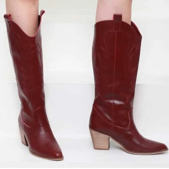 Burgundy Embroidery Cowboy Boots for Women TU-018