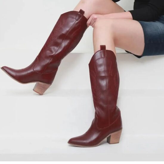 Burgundy Embroidery Cowboy Boots for Women TU-018