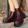 Burgundy Lace up Ankle Boots for Women Low Heel AL-226