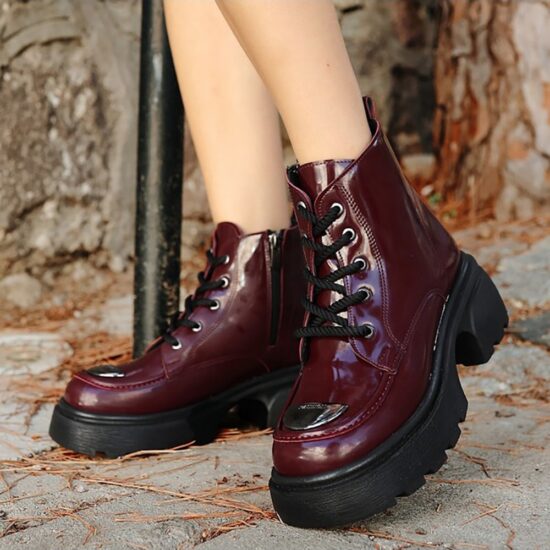 Burgundy Lace up Ankle Boots for Women Low Heel AL-226