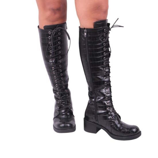 Black Chunky Lace up Boots Knee High TU-011