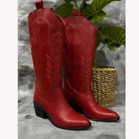 Red Embroidered Low Heel Boot for Ladies TU-06